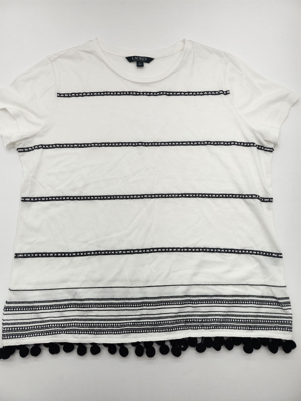 Lauren Ralph Lauren White Black Pom Pom Trim Tee Top Women's XL Boho Cotton